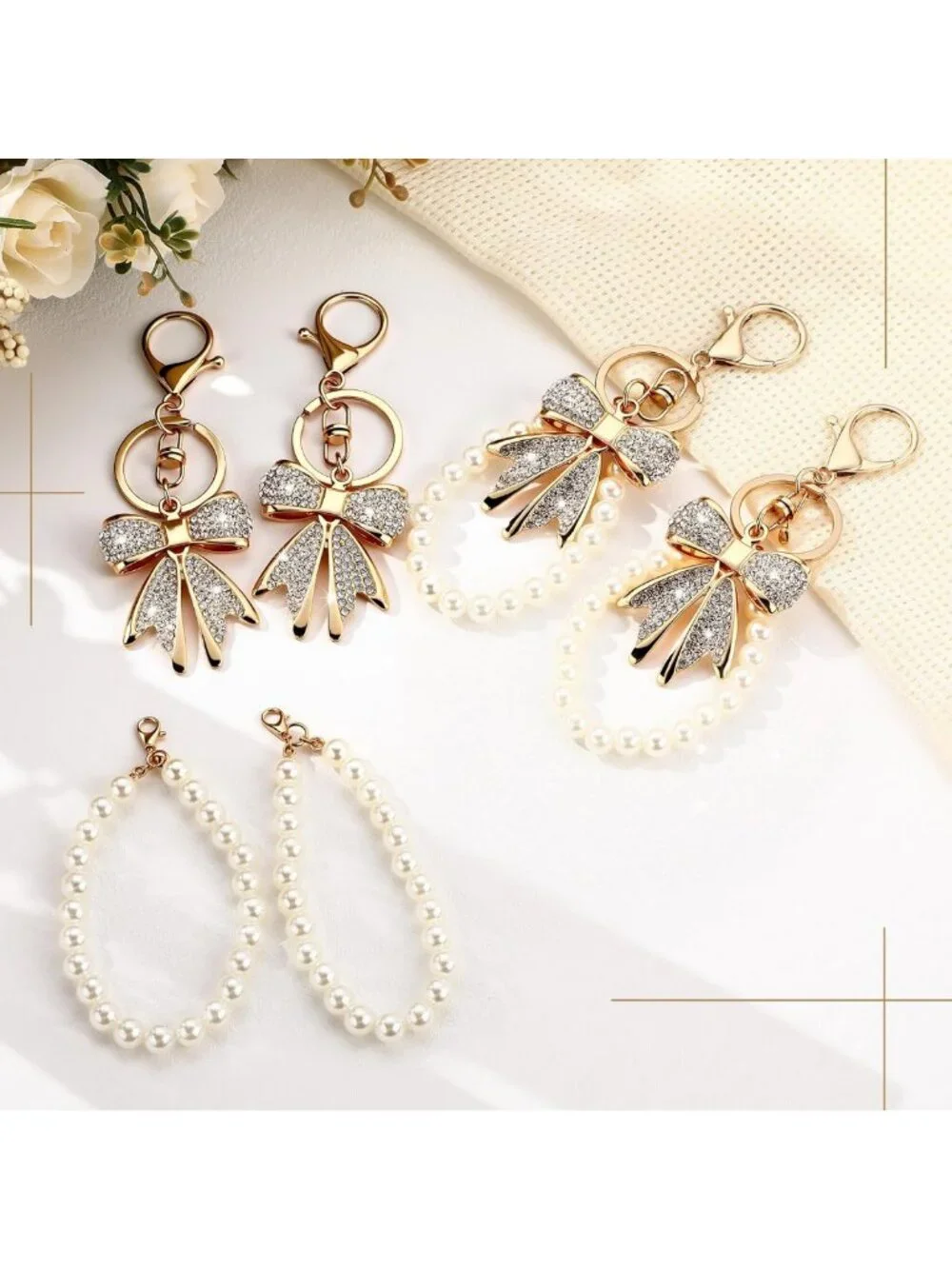 12 Sets Bow & Pearl Keychain Accessories for Women - Cute Purse Charm Pendants